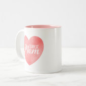 Super Moeder tekst in roze geschilderd hart Tweekleurige Koffiemok (Voorkant links)