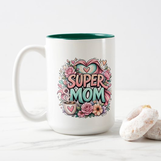 ** Super Moeder Tweekleurige Koffiemok (Met donut)