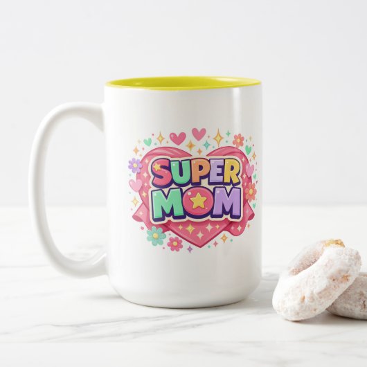 ** Super Moeder Tweekleurige Koffiemok (Met donut)