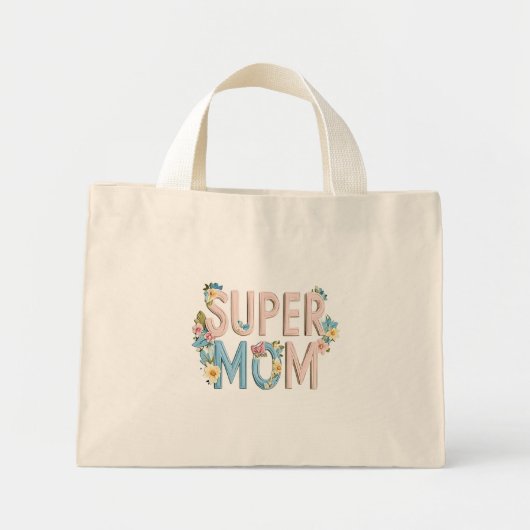 Super Mom Bloemen Tekstontwerp Mini Tote Bag (Voorkant)