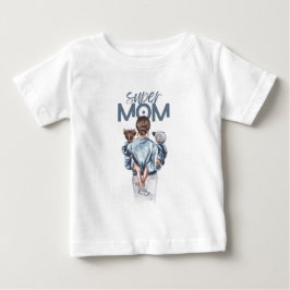 Super Mom Blue Watercolor Mother and Children Art