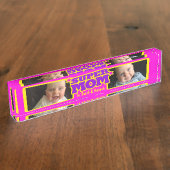 Super Mom roze kinder naam en foto bureau plaque Naambordje (Zijkant)