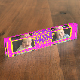 Super Mom roze kinder naam en foto bureau plaque Naambordje