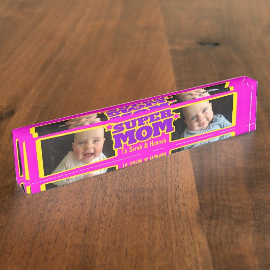 Super Mom roze kinder naam en foto bureau plaque Naambordje (Zijkant)