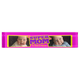 Super Mom roze kinder naam en foto bureau plaque Naambordje