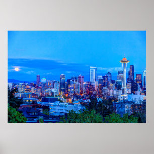 Super Moon rijzend nabij de skyline van Seattle Poster