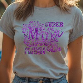 Super Mum decoratieve paarse kinder namen bovenaan T-shirt