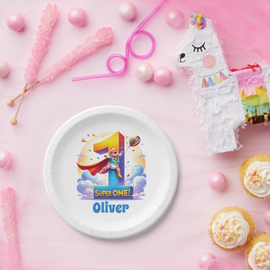 Super 'One' - het heldhaftige jaar van [name] Papieren Bordje (Feest)