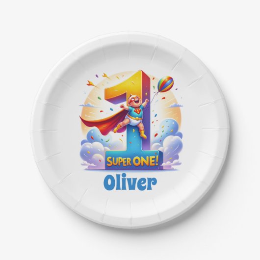 Super 'One' - het heldhaftige jaar van [name] Papieren Bordje (Voorkant)
