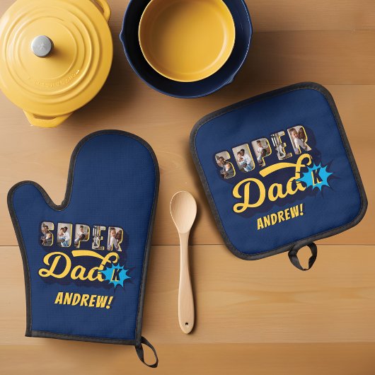 Super Pa Aangepaste Foto's Superhero Monogram Ovenwant & Pannenlap Set