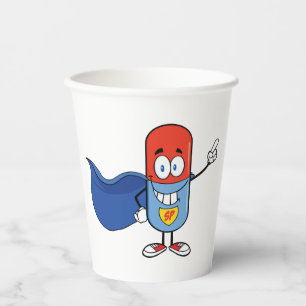 Super Pill Cartoon Held Karakter Papieren Bekers