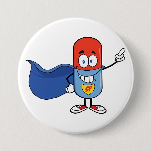 Super Pill Cartoon Hero Character Ronde Button 7,6 Cm (Voorkant)