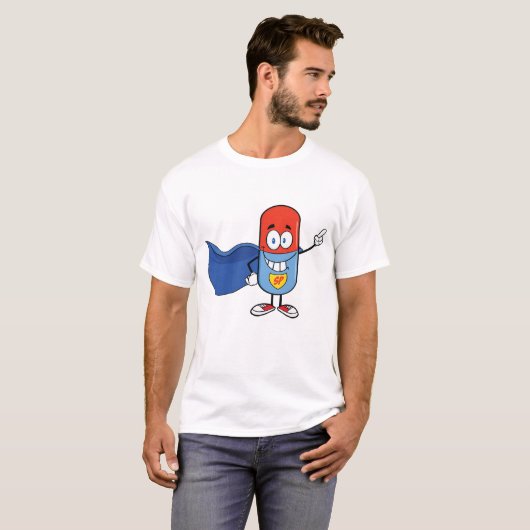 Super Pill Cartoon Hero Character T-shirt (Voorkant volledig)