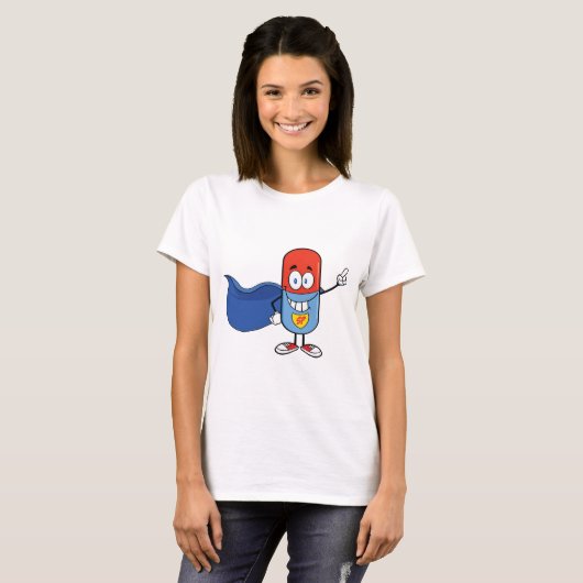 Super Pill Cartoon Hero Character T-shirt (Voorkant volledig)