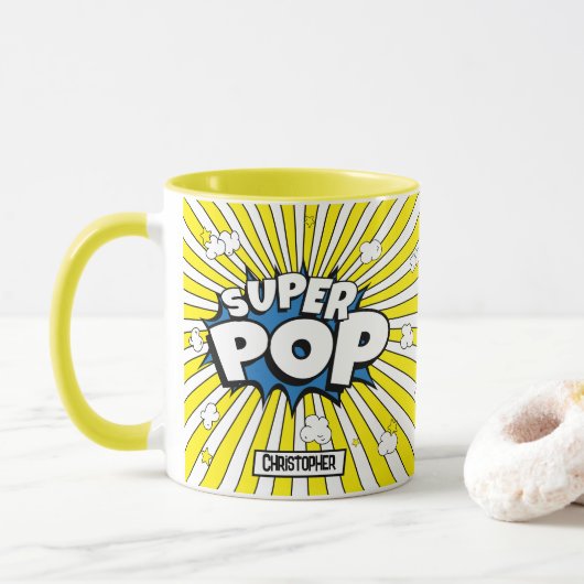 SUPER POP! Comic Book Pop Art ‘Corny’ Popcorn Pun Mok (Met donut)