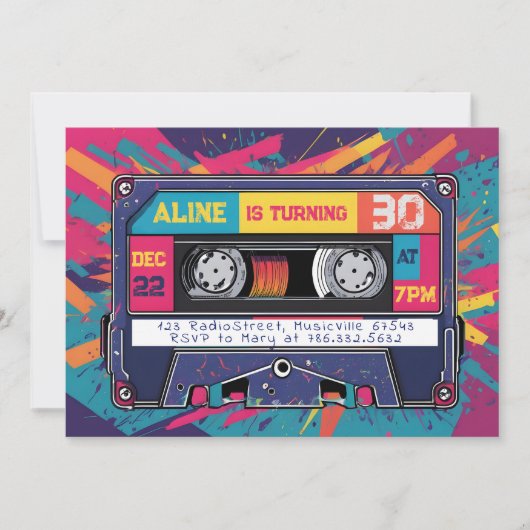 Super Rad 80s 90s Audio Cassette Verjaardag Uitnod Kaart (Voorkant)
