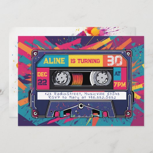 Super Rad 80s 90s Audio Cassette Verjaardag Uitnod Kaart (Voorkant / Achterkant)