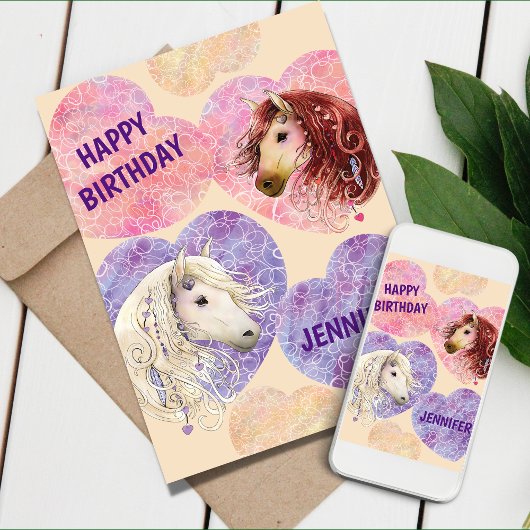 Super schattig Boho pony's roze Paarse Kaart