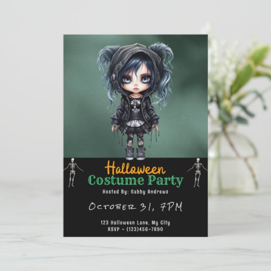 Super Schattige Gotisch Meisje Zwart Halloween Kaart (Staand voorkant)