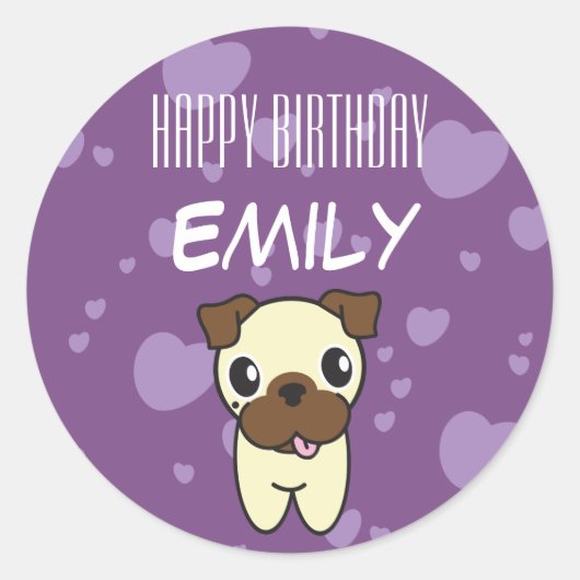 Super Schattige Pug Paarse Hart Ontwerp Ronde Sticker (Voorkant)