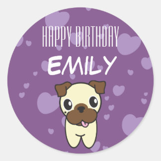 Super Schattige Pug Paarse Hart Ontwerp Ronde Sticker