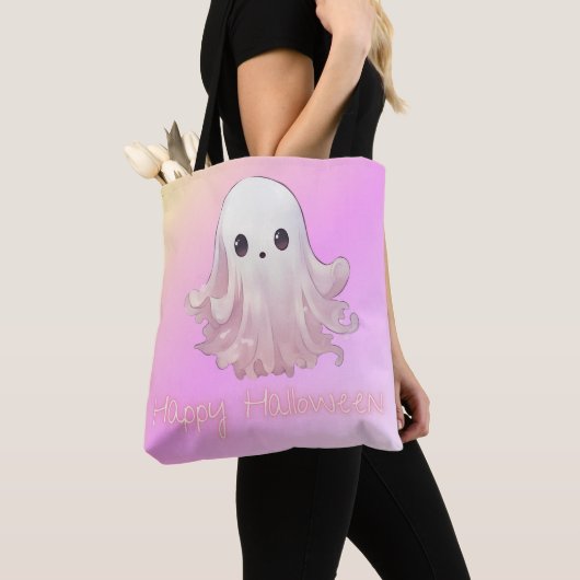 Super Schattige Roze Ghost Happy Halloween Tote Bag (Dichtbij)