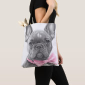 Super schattige schets Frenchie-puppy met roze boo Tote Bag (Dichtbij)