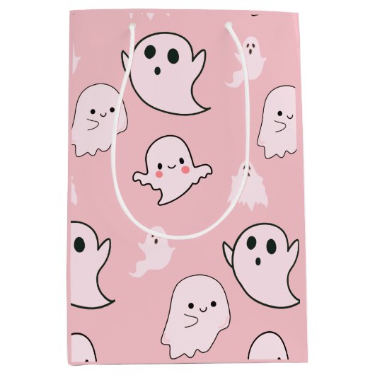 Super Schattige Wit Geesten Licht Roze Halloween Medium Cadeauzakje (Voorkant)