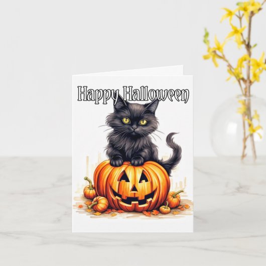 Super Schattige Zwart Kitty Cat | Happy Halloween Kaart (Gele Bloem)