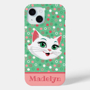 Super Schattigee Cartoon Cat Pink & Mint Green iPhone 15 Case