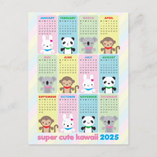 Super Schattigee Kawaii Animals 2025 Kalender Briefkaart