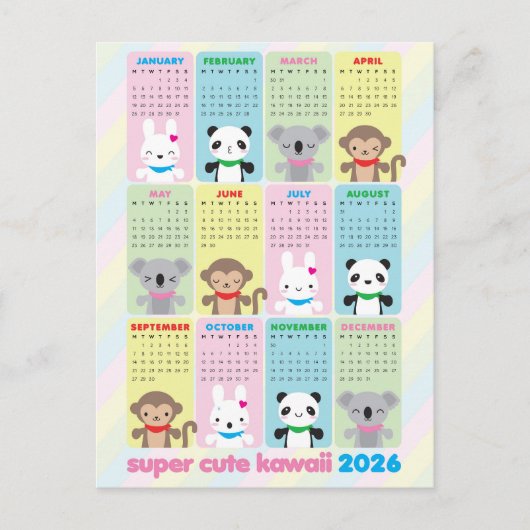 Super Schattigee Kawaii Animals 2026 Kalender Briefkaart (Voorkant)