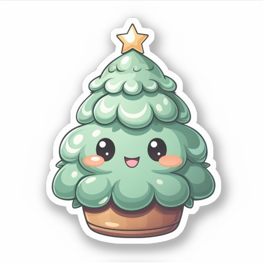 Super Schattigee lachende groene kawaii kerstboom Sticker (Voorkant)