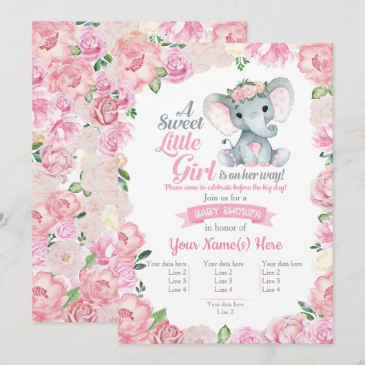Super Schattigee Olifant Meisje Invitation, Bloeme Kaart (Voorkant / Achterkant)