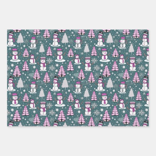 Super Schattigee sneeuwman en kerstbomen kerst Inpakpapier Vel (Voorkant 3)