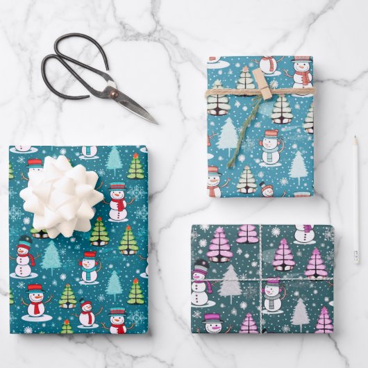 Super Schattigee sneeuwman en kerstbomen kerst Inpakpapier Vel (Voorkant)