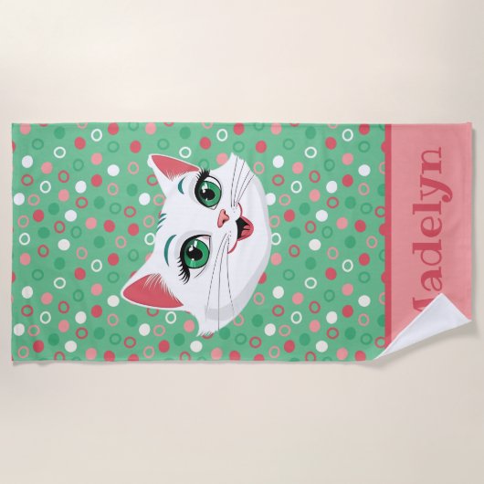 Super Schattigee Witte Kat Roze & Mint Groene Stra Strandlaken (Voorkant)