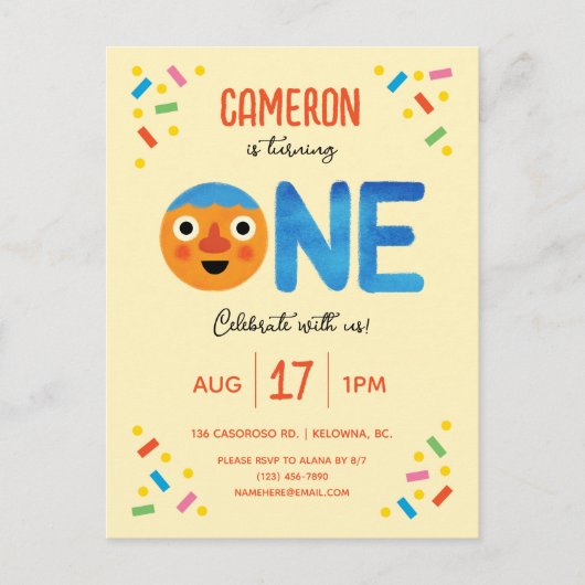 Super Simple Noodle & Pals Confetti 1e Verjaardag Briefkaart (Voorkant)