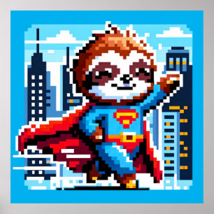 Super Sloth Funny Pixel Art Hero Cityscape Design Poster