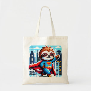 Super Sloth Funny Pixel Art Hero Cityscape Design Tote Bag