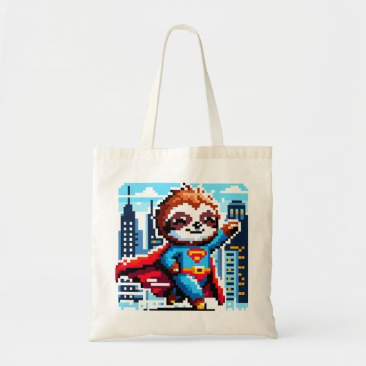 Super Sloth Funny Pixel Art Hero Cityscape Design Tote Bag (Voorkant)