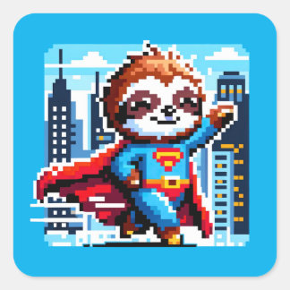 Super Sloth Funny Pixel Art Hero Cityscape Design Vierkante Sticker