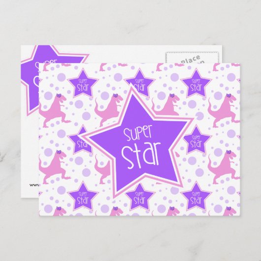 Super Star Dinosaur Briefkaart in Paarse en roze (Voorkant / Achterkant)