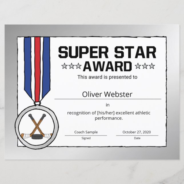 Super Star Hockey Player Award Hockey Certificate (Voorkant)