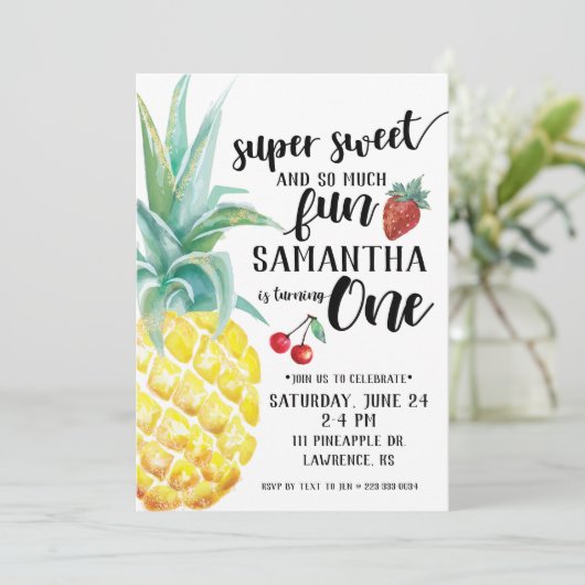 Super Sweet Fruit First Birthday Invitation Kaart (Staand voorkant)