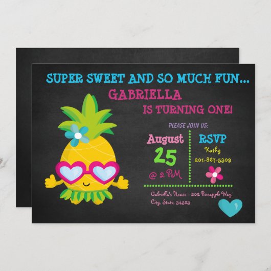 Super Sweet Pineapple First Birthday Invitation Kaart (Voorkant / Achterkant)