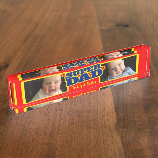 Super vader kinder naam en foto bureau plaque naambordje (Zijkant)