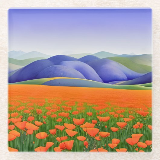 Superbloei | Surreal California Poppies Landschap Glazen Onderzetter (Voorkant)