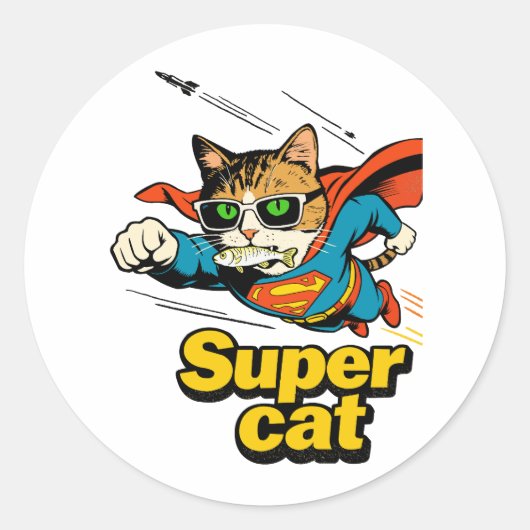 Supercat vliegt met vis ronde sticker (Voorkant)