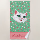 Supercute witte kat roze en mintgroene badhanddoek (Voorkant)